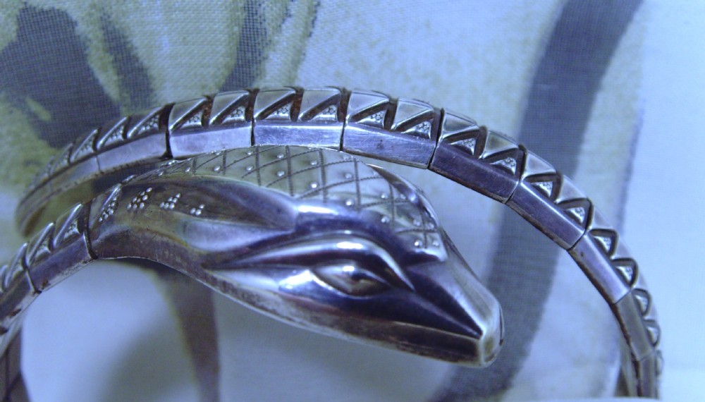 Antique Art Deco silver coil snake bangle View V