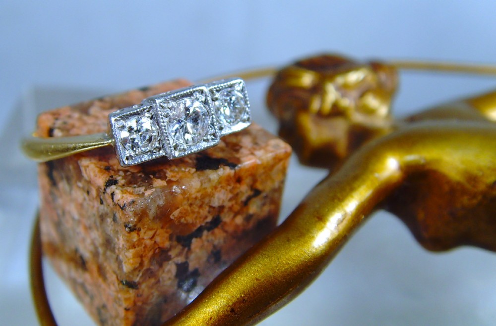 Antique Art Deco 18ct yellow gold and platinum Diamond Trilogy Ring View II
