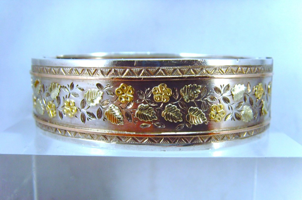 Antique Victorian aesthetic movement silver and rose and green gold bangle