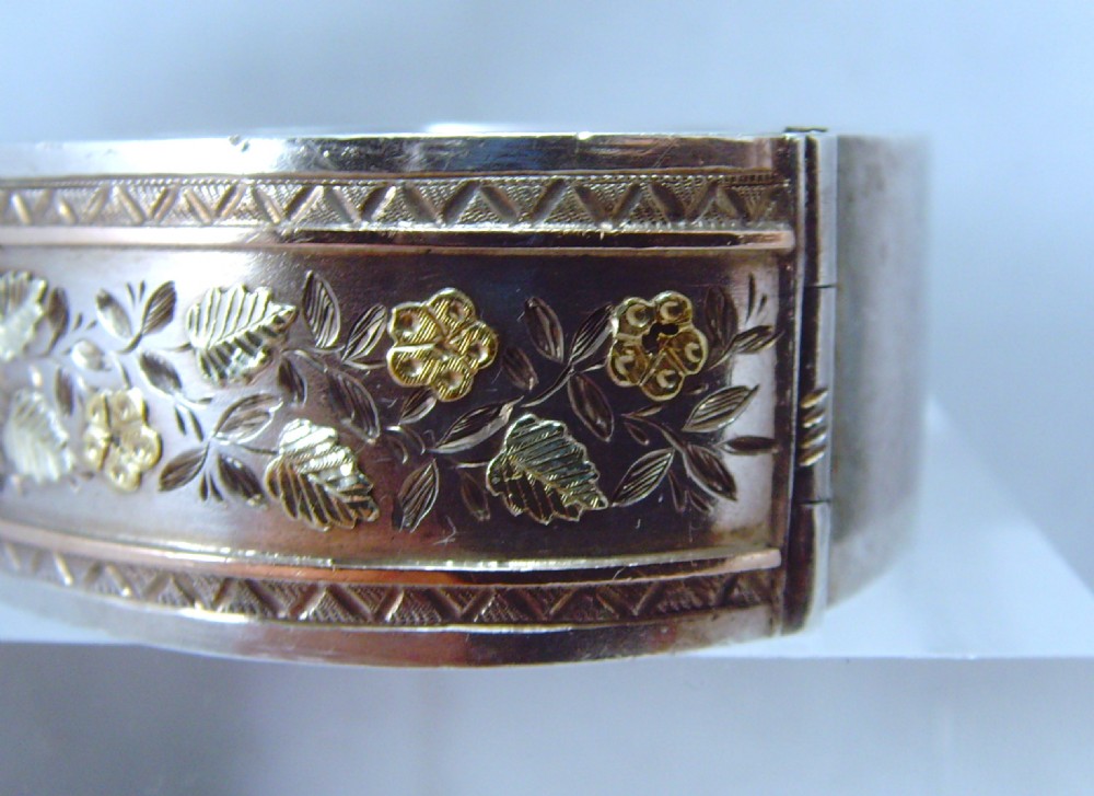 Antique Victorian aesthetic movement silver and rose and green gold bangle View II