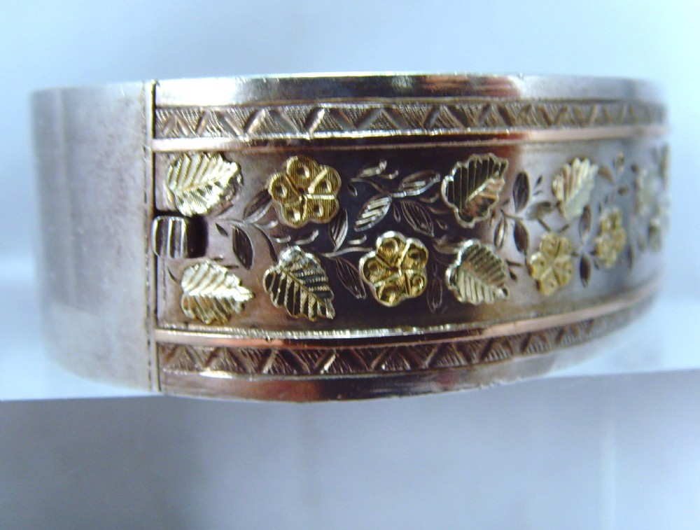 Antique Victorian aesthetic movement silver and rose and green gold bangle View III