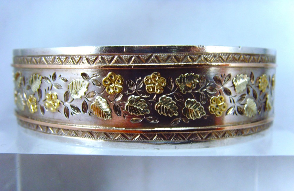 Antique Victorian aesthetic movement silver and rose and green gold bangle View VII