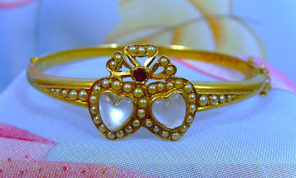 Reserved for Si Yun / Antique Victorian 15ct gold Moonstne Ruby and Pearl bangle View III