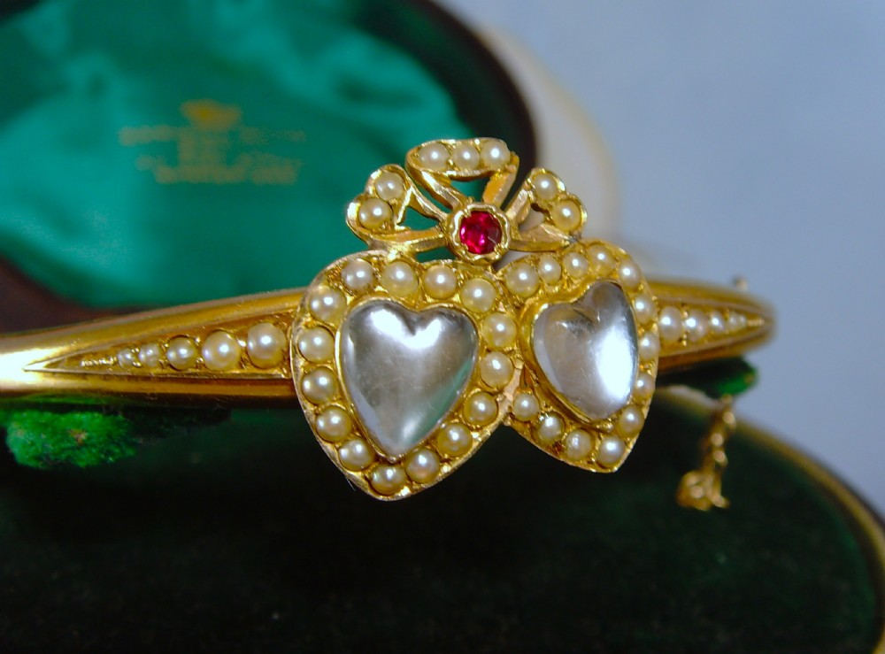 Reserved for Si Yun / Antique Victorian 15ct gold Moonstne Ruby and Pearl bangle View IV