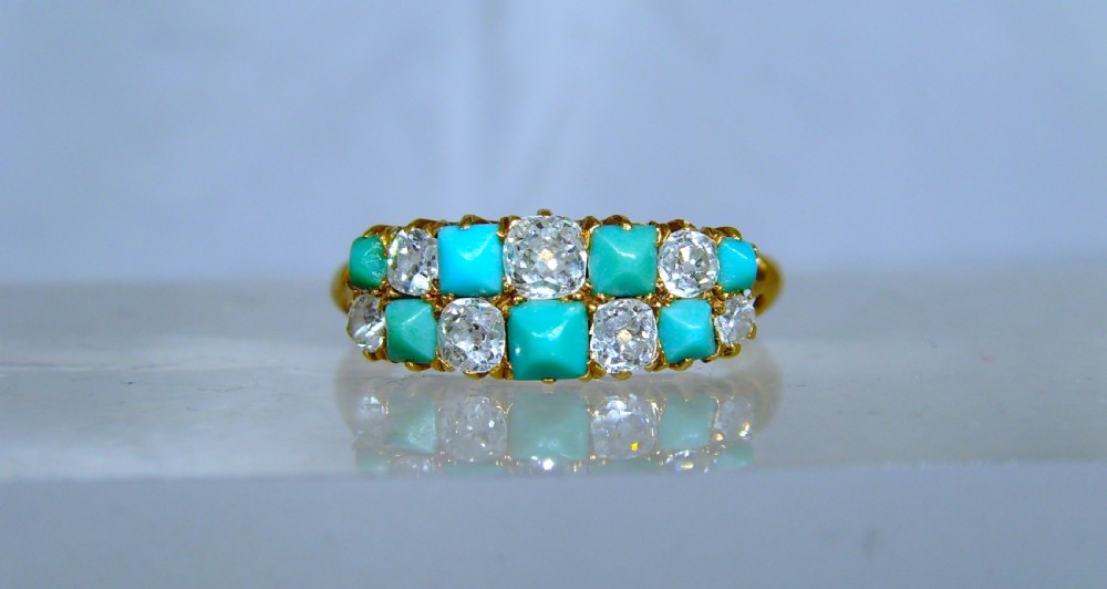 Antique Victorian Turquoise Diamond Double boat Ring View III