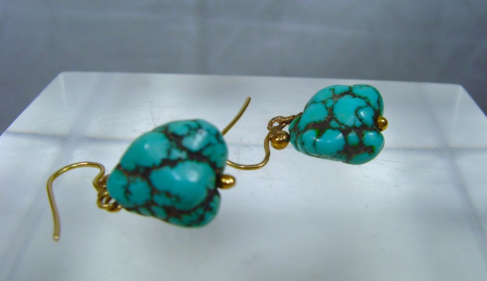 Antique Arts and Crafts pair of Matrix Turquoise drop Earrings View II