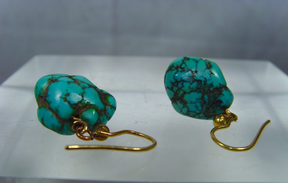 Antique Arts and Crafts pair of Matrix Turquoise drop Earrings View III