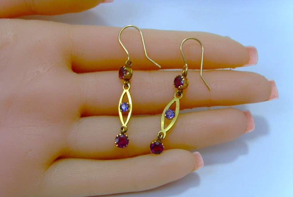 Antique Edwardian pair of 9ct double Almandine Garnet and Amethyst drop Earrings