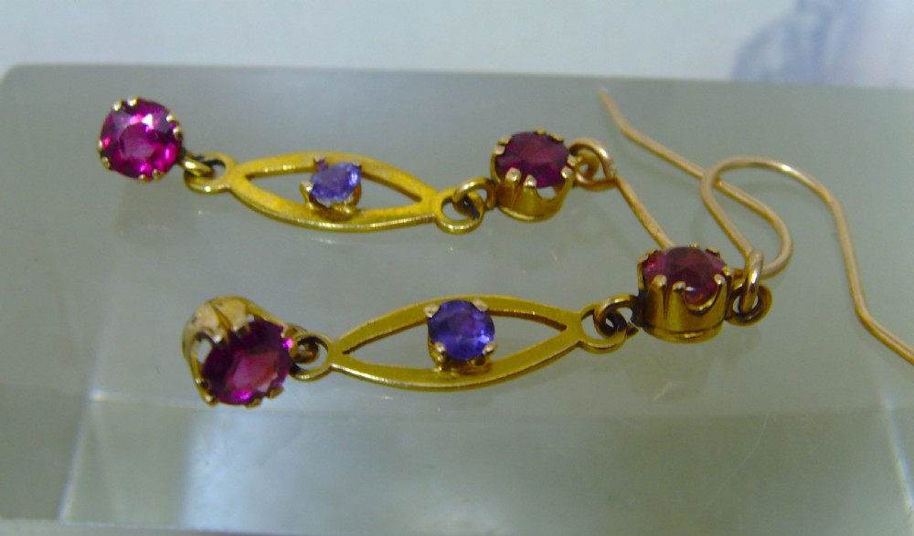 Antique Edwardian pair of 9ct double Almandine Garnet and Amethyst drop Earrings View IV