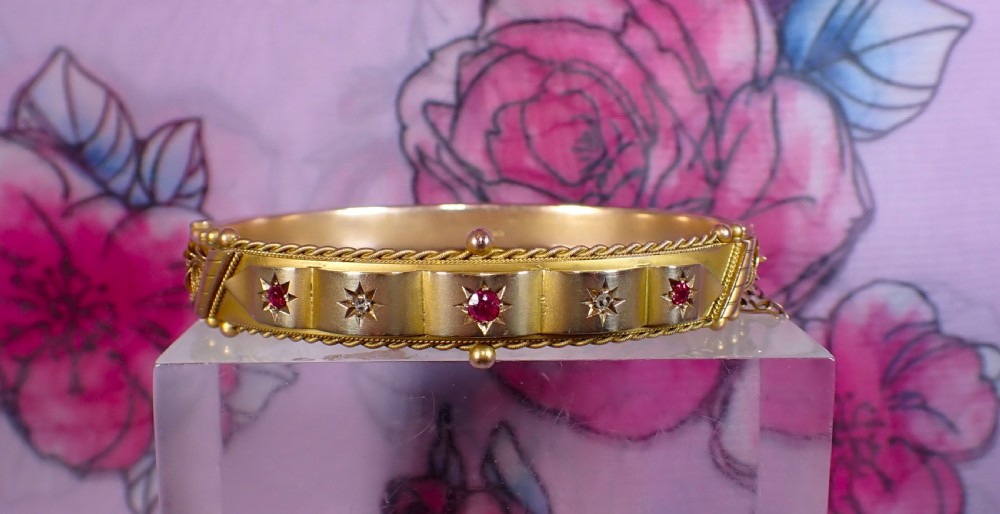 Antique Edwardian 9ct gold Ruby and diamond bangle View II