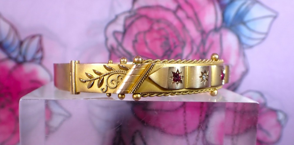 Antique Edwardian 9ct gold Ruby and diamond bangle View III