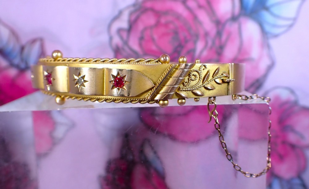 Antique Edwardian 9ct gold Ruby and diamond bangle View IV