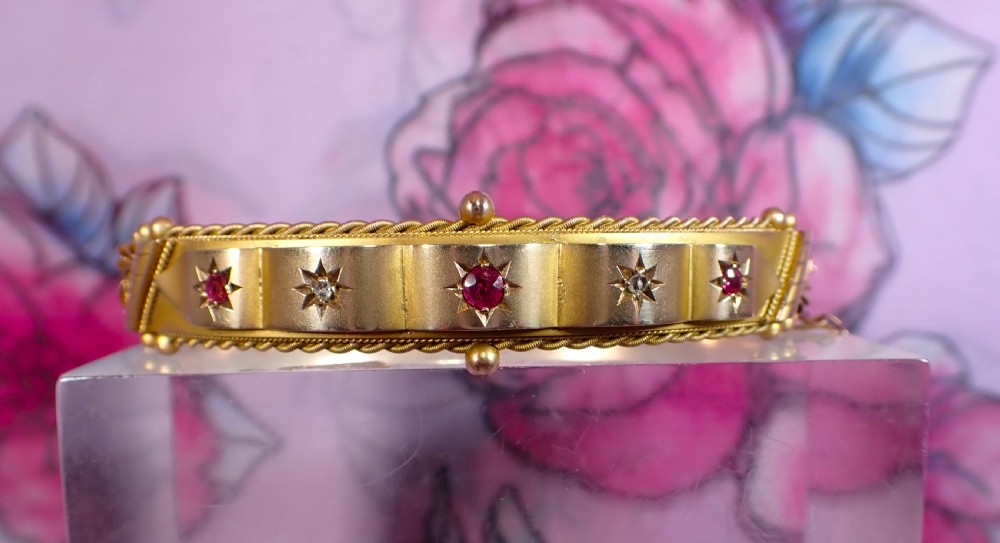 Antique Edwardian 9ct gold Ruby and diamond bangle View VII