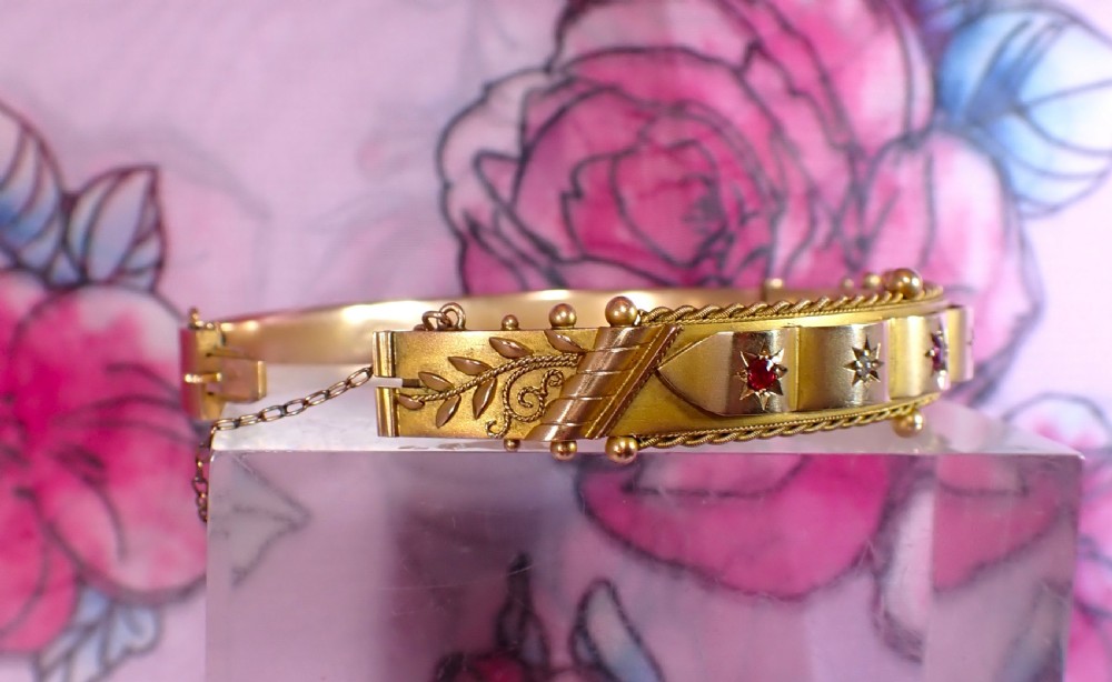 Antique Edwardian 9ct gold Ruby and diamond bangle View X
