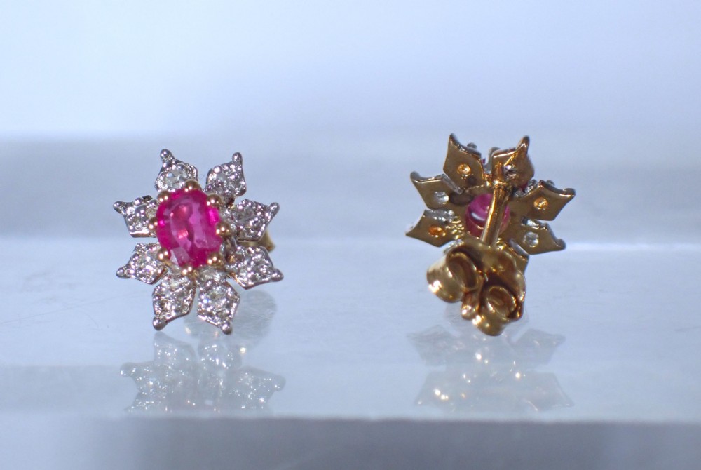 Vintage 9 ct yellow gold Ruby and Diamond cluster earrings View II