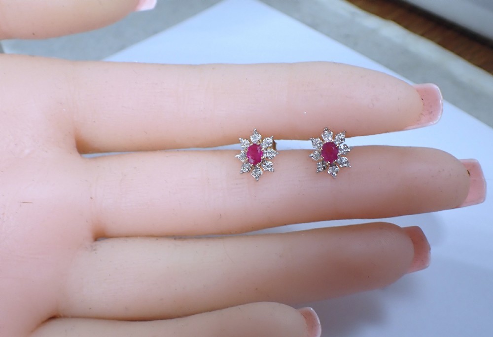 Vintage 9 ct yellow gold Ruby and Diamond cluster earrings View III