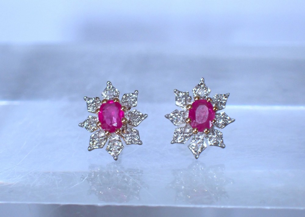 Vintage 9 ct yellow gold Ruby and Diamond cluster earrings View V