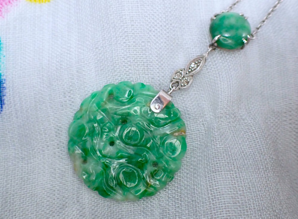 Art Deco Natural Green Jadeite Jade and diamond Pendant,