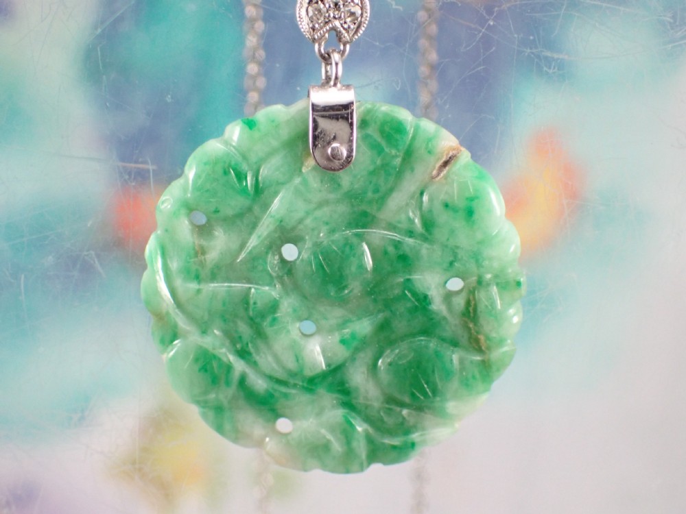 Art Deco Natural Green Jadeite Jade and diamond Pendant, View III