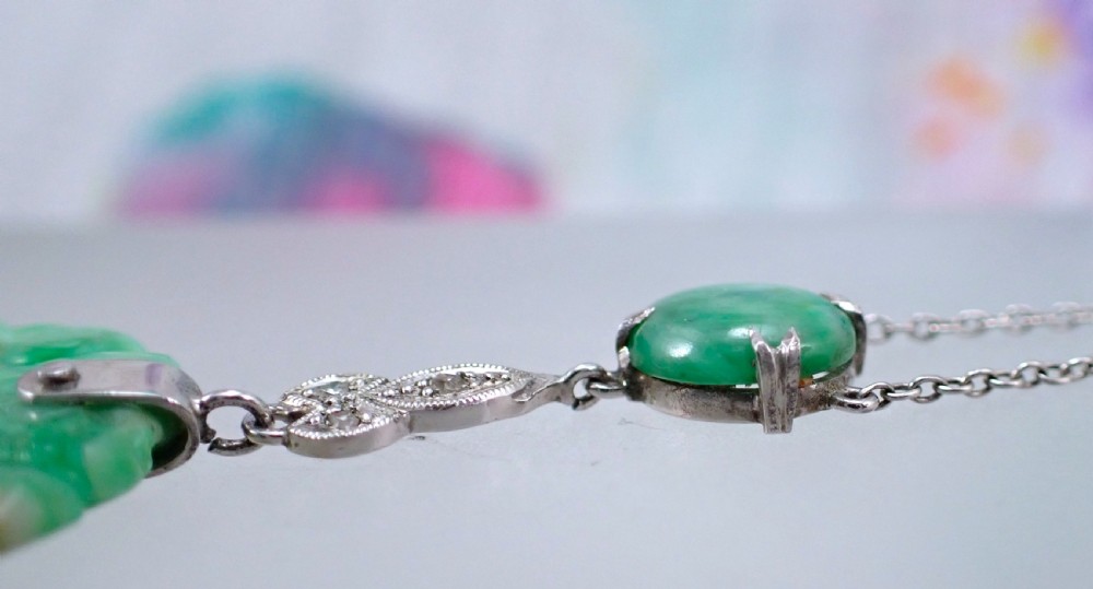 Art Deco Natural Green Jadeite Jade and diamond Pendant, View V