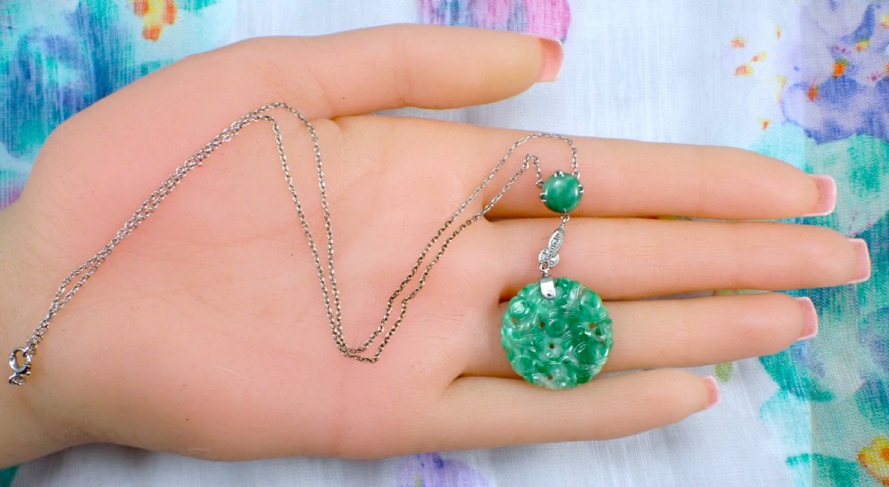 Art Deco Natural Green Jadeite Jade and diamond Pendant, View IX