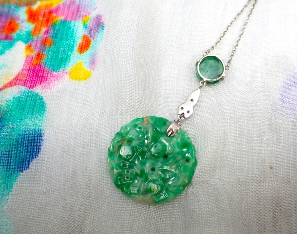 Art Deco Natural Green Jadeite Jade and diamond Pendant, View XI