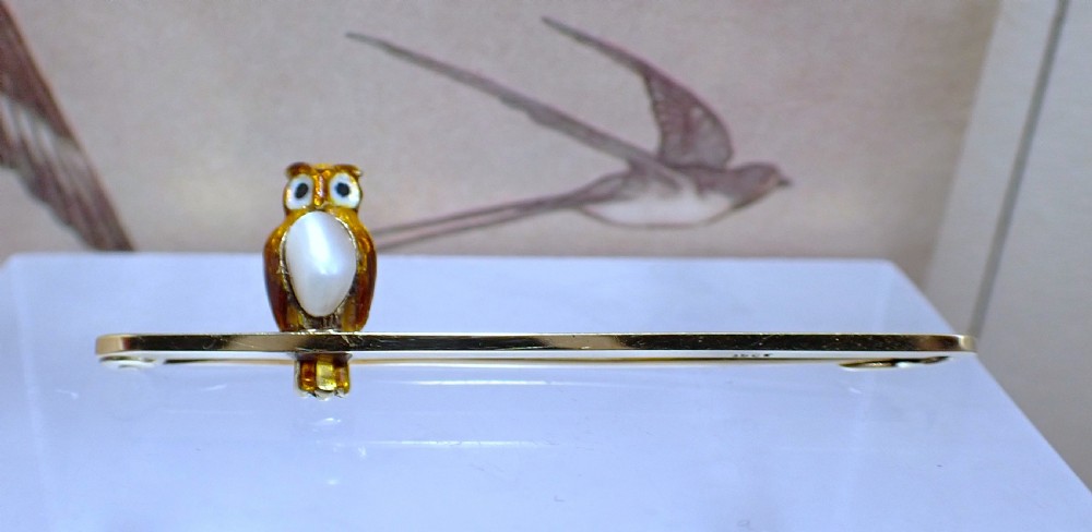 Antique Edwardian 15ct Gold natural pearl and enamel Owl brooch View II