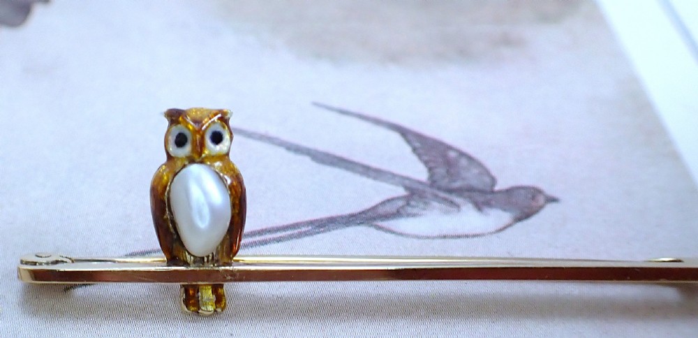 Antique Edwardian 15ct Gold natural pearl and enamel Owl brooch View IV