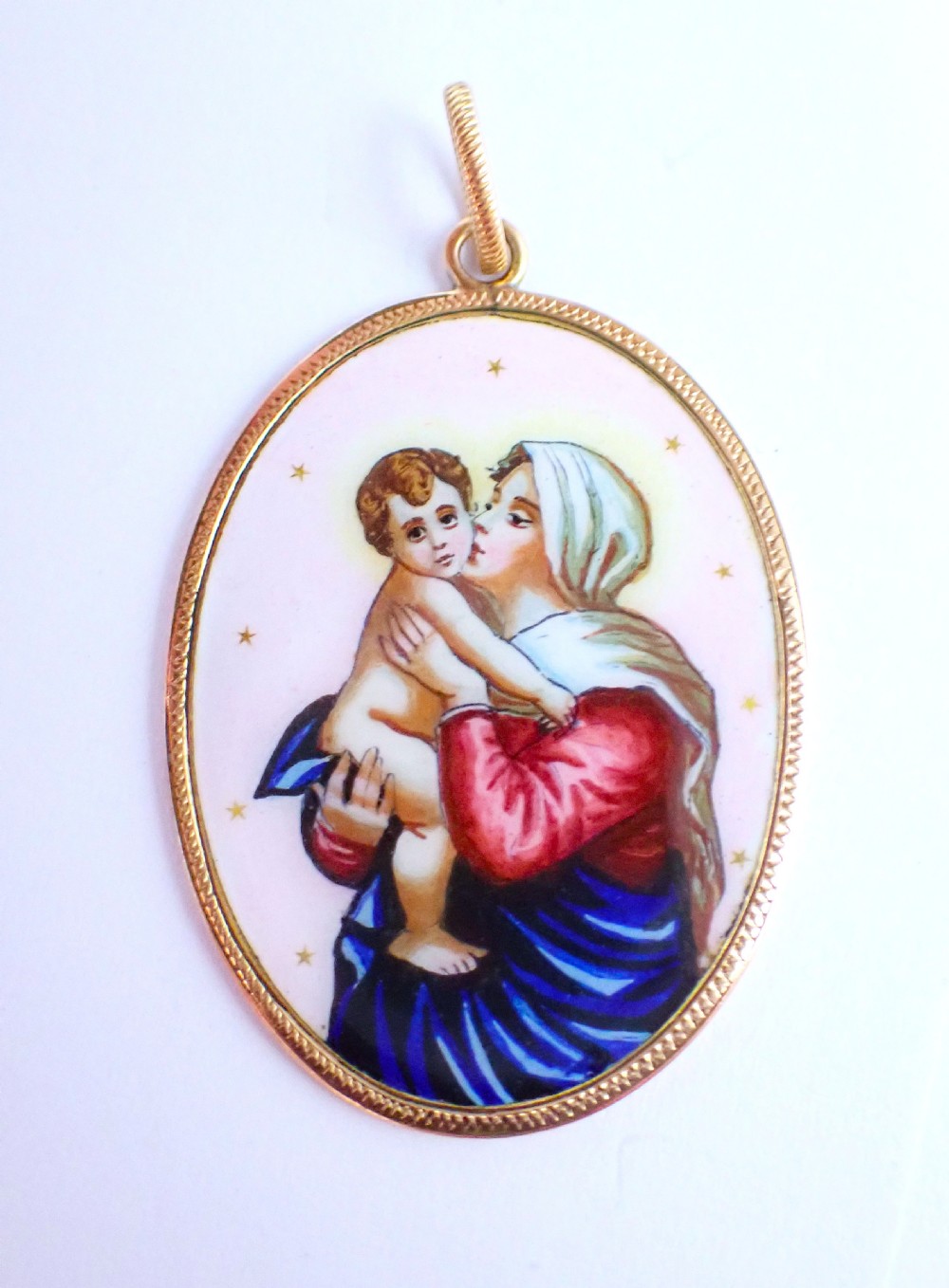 Antique Edwardian Arts and crafts Madonna and child enamel pendant / Mary and Jesus pendant