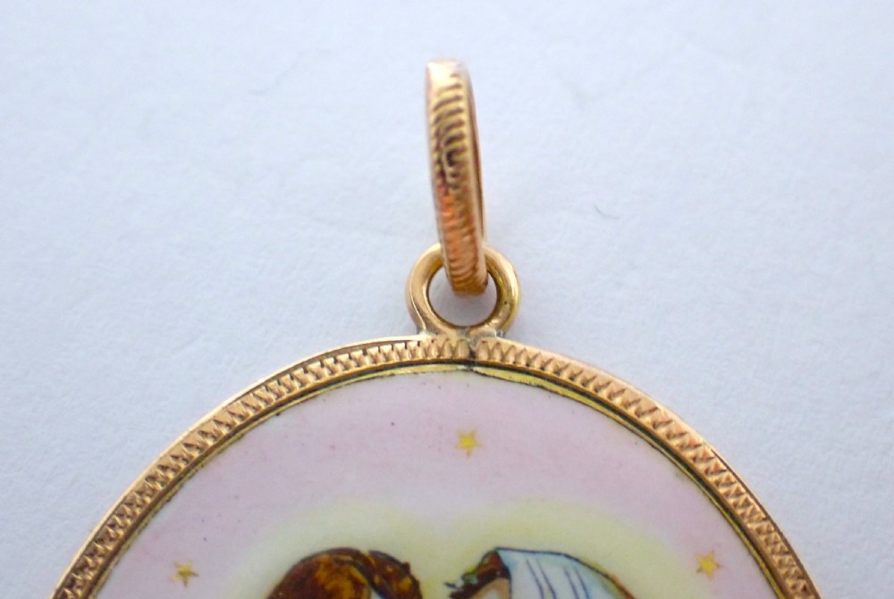 Antique Edwardian Arts and crafts Madonna and child enamel pendant / Mary and Jesus pendant View III