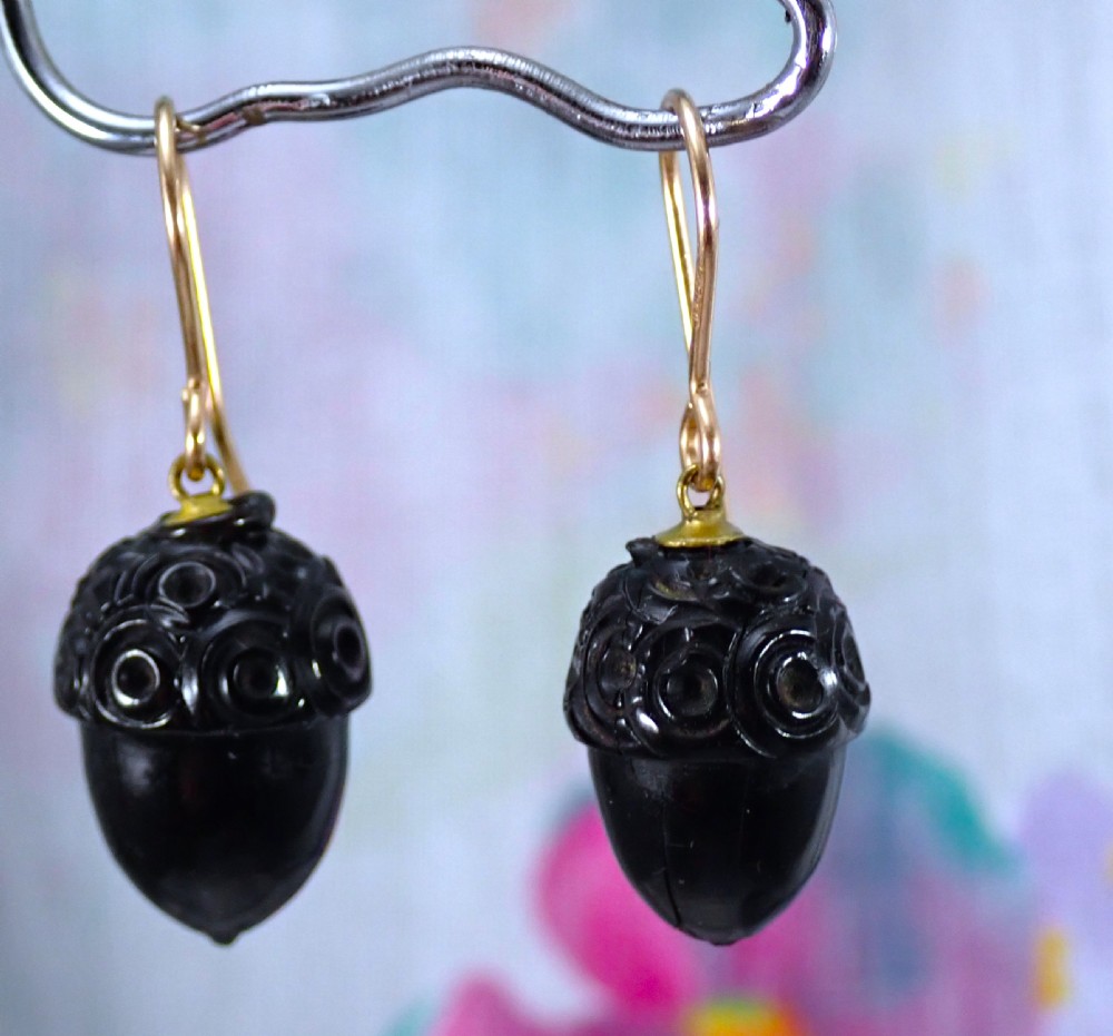 SOLD / Antique Victorian Whitby Jet Acorn Earrings on 9ct gold wires