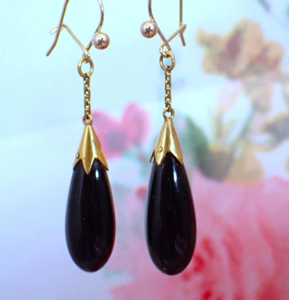 Art Deco Black Onyx 15ct gold drop torpedo earrings