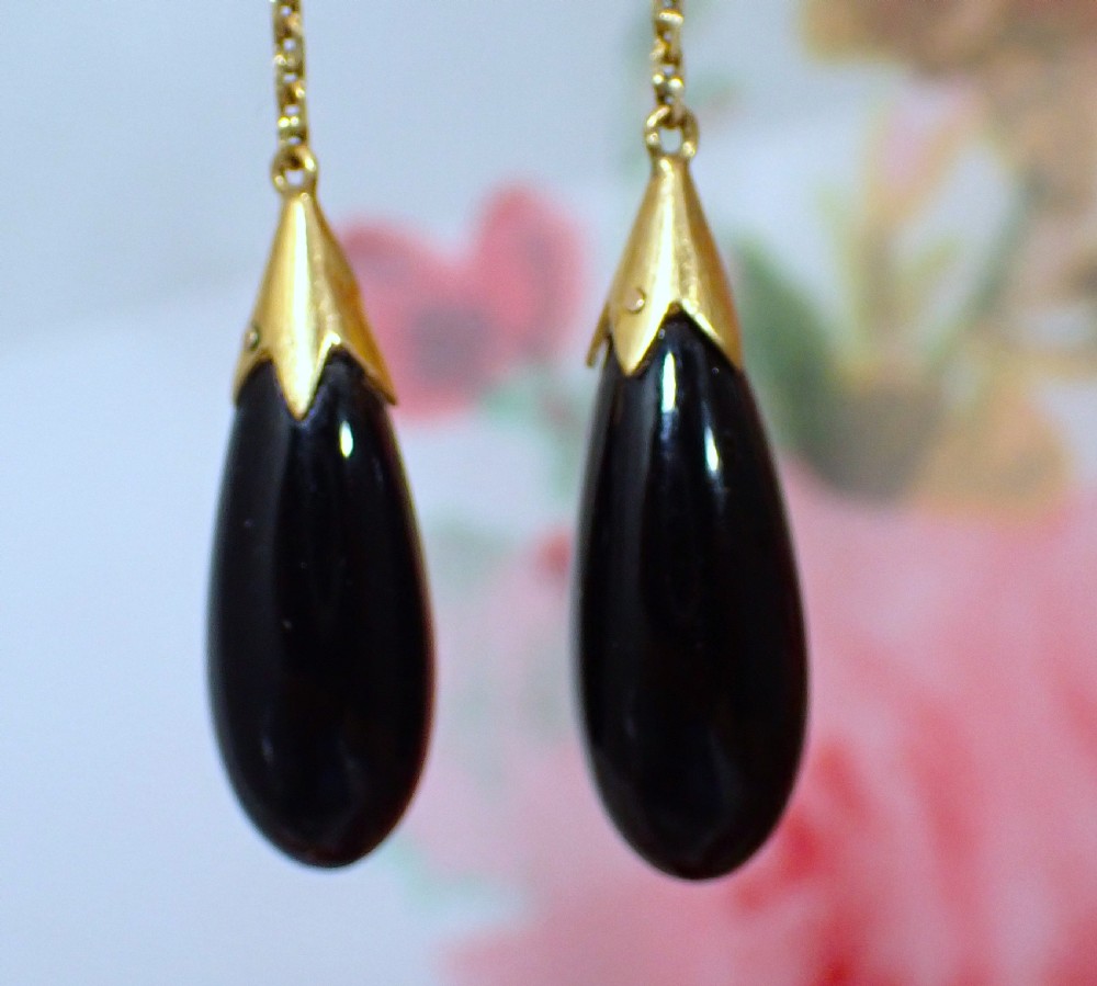 Art Deco Black Onyx 15ct gold drop torpedo earrings View II