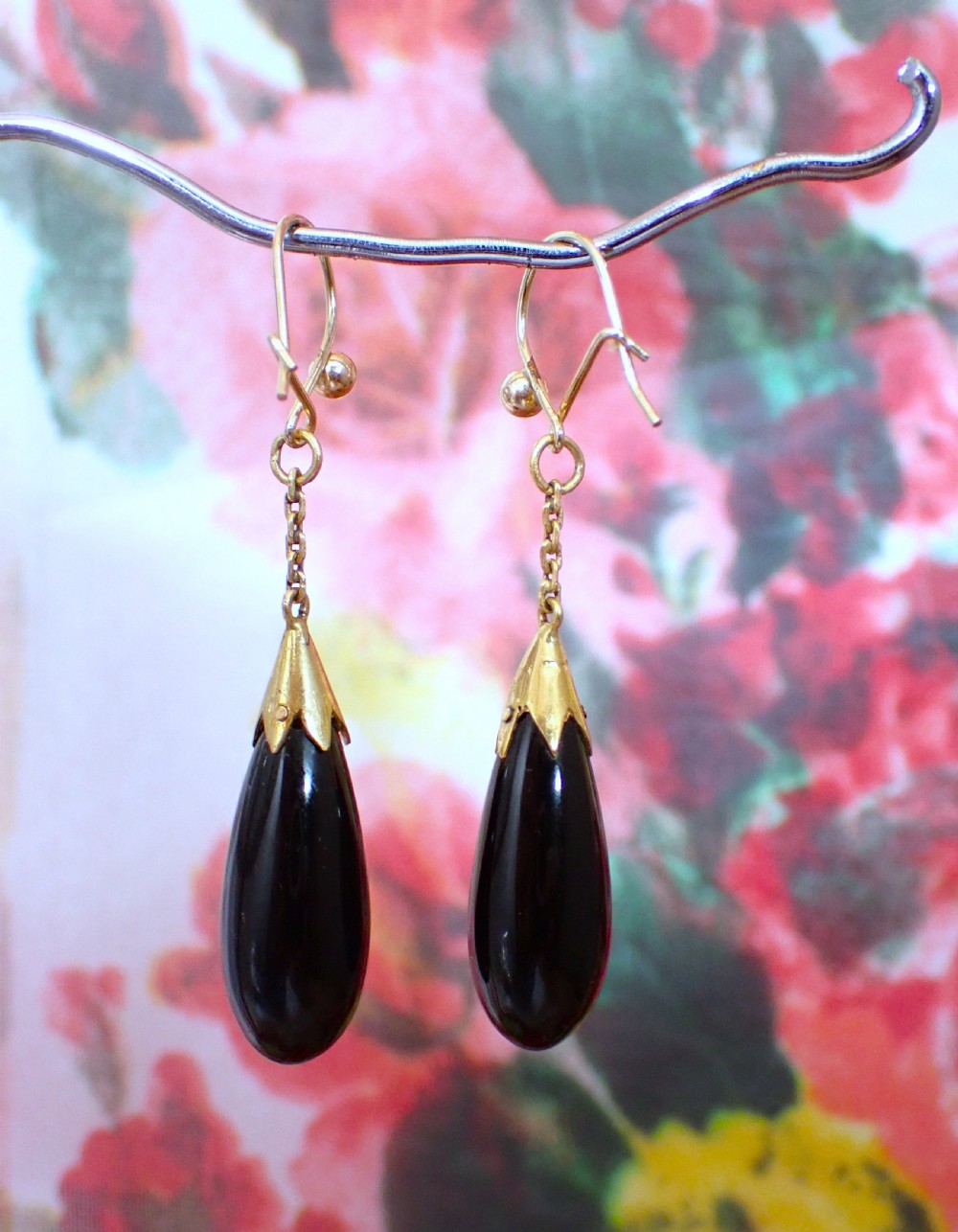 Art Deco Black Onyx 15ct gold drop torpedo earrings View VI