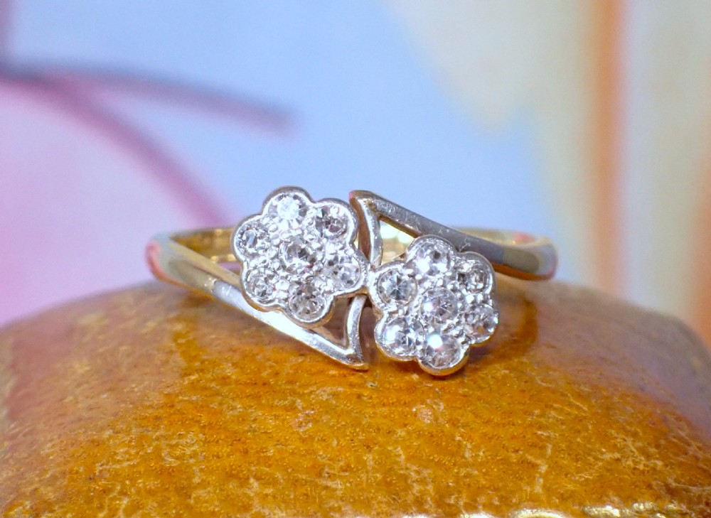 Reserved for Graham / Antique Edwardian 18ct Double Daisy / Flower cross diamond ring cluster
