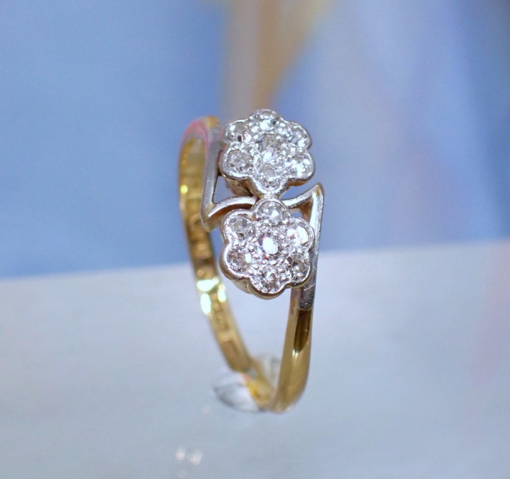 Reserved for Graham / Antique Edwardian 18ct Double Daisy / Flower cross diamond ring cluster View II