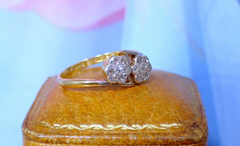 Reserved for Graham / Antique Edwardian 18ct Double Daisy / Flower cross diamond ring cluster View IV