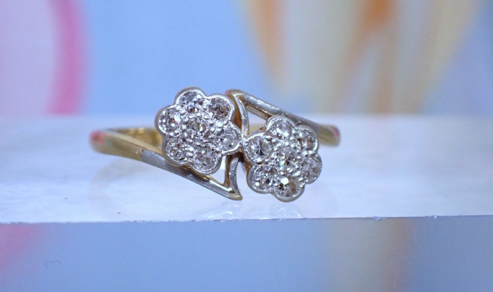 Reserved for Graham / Antique Edwardian 18ct Double Daisy / Flower cross diamond ring cluster View V
