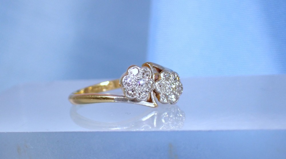 Reserved for Graham / Antique Edwardian 18ct Double Daisy / Flower cross diamond ring cluster View VI