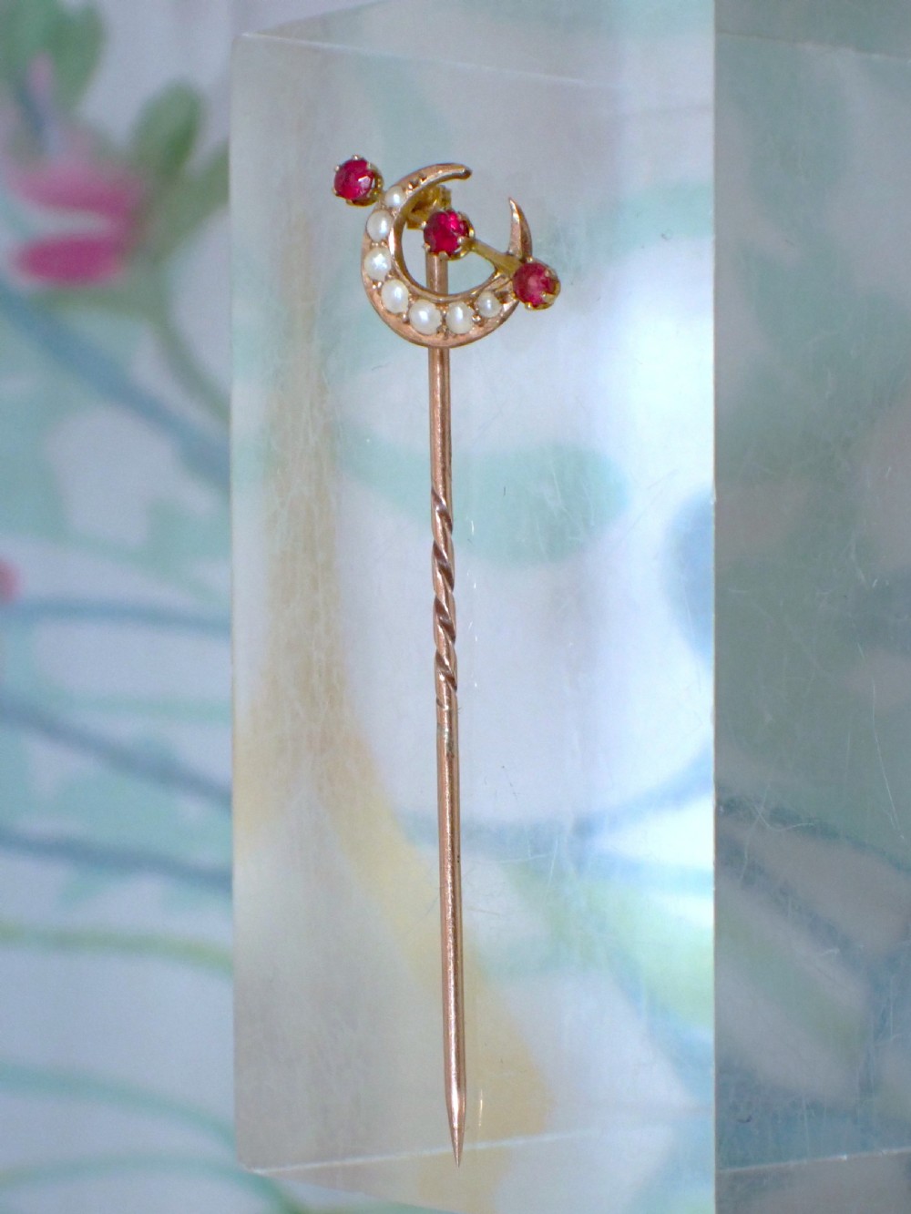 Antique Edwardian pearl and ruby Stickpin View II