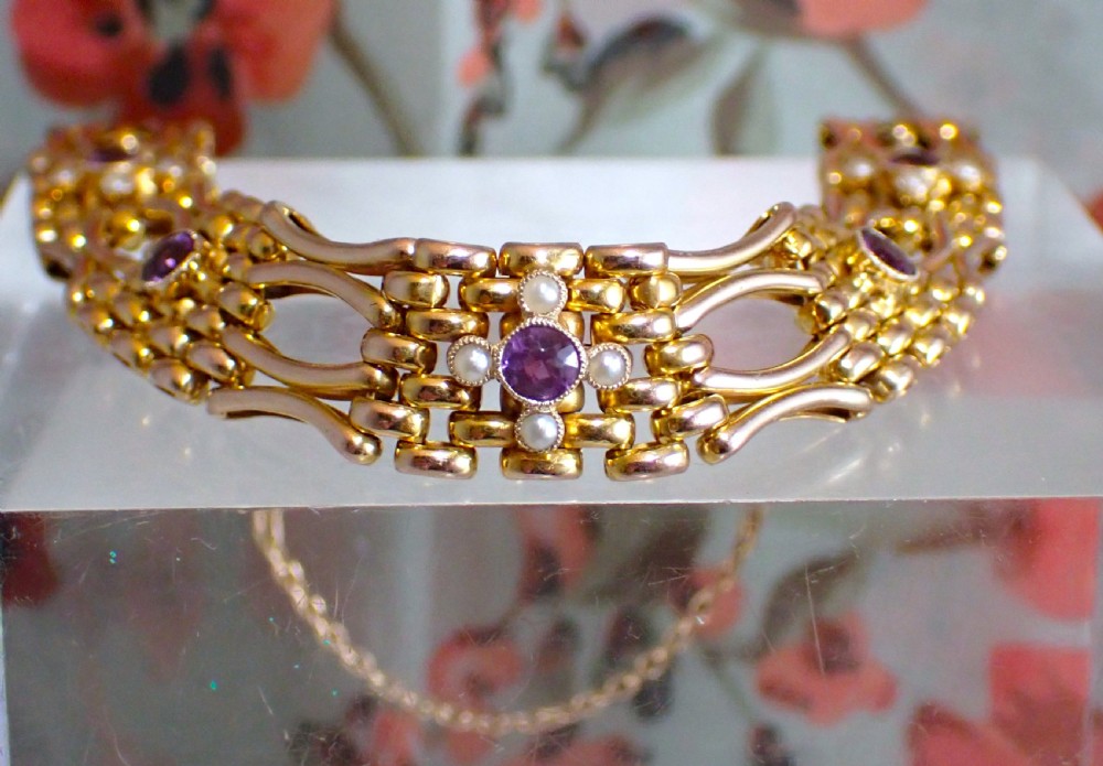 Reserved for Clive/Antique Victorian 9ct gold Amethyst and Pearl Gate Bracelet View II