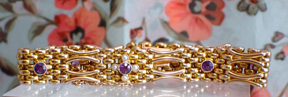 Reserved for Clive/Antique Victorian 9ct gold Amethyst and Pearl Gate Bracelet View III
