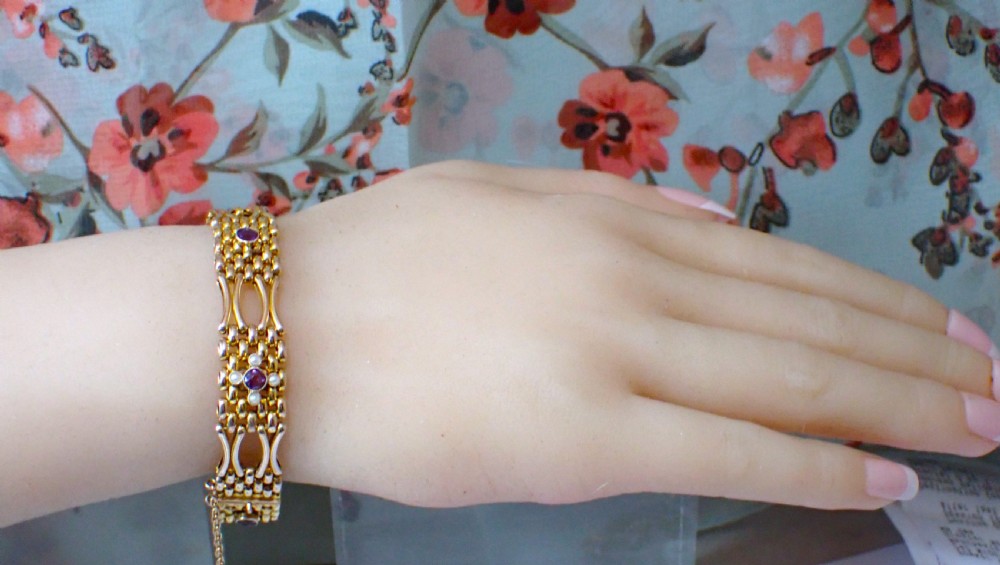 Reserved for Clive/Antique Victorian 9ct gold Amethyst and Pearl Gate Bracelet View VII