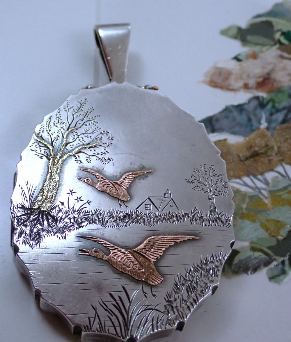 RESERVED FOR EVIE/Antique Victorian Sterling Silver Locket with 9ct rose and yellow Gold Bird & Tree detail