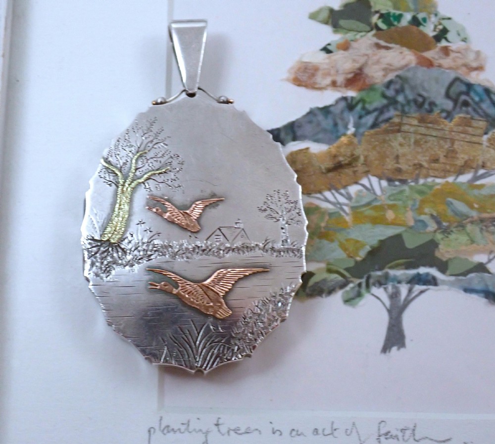 RESERVED FOR EVIE/Antique Victorian Sterling Silver Locket with 9ct rose and yellow Gold Bird & Tree detail View II