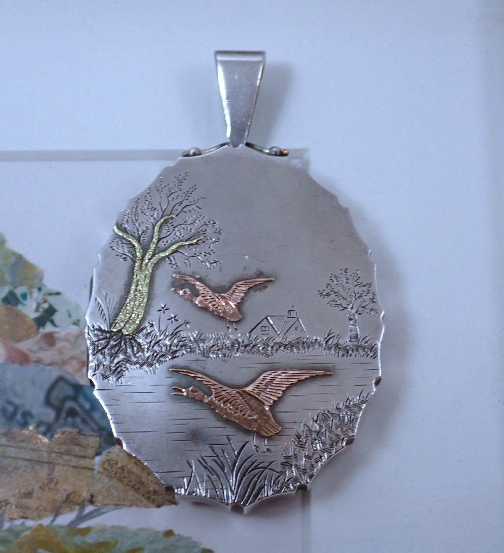 RESERVED FOR EVIE/Antique Victorian Sterling Silver Locket with 9ct rose and yellow Gold Bird & Tree detail View V