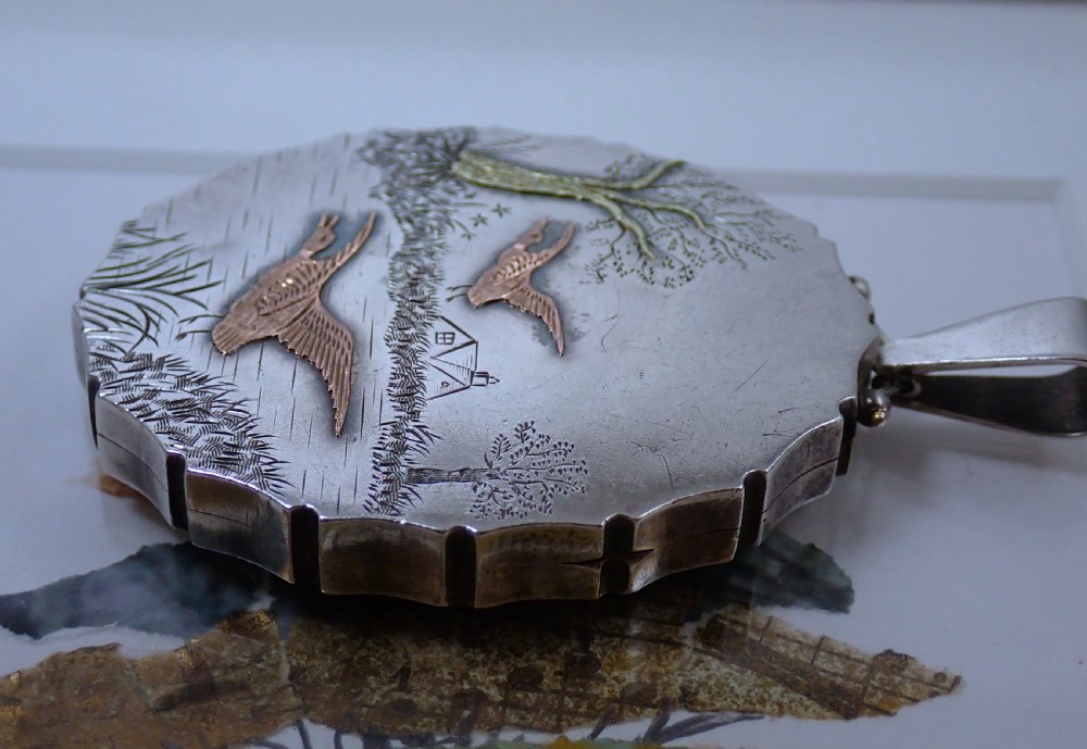RESERVED FOR EVIE/Antique Victorian Sterling Silver Locket with 9ct rose and yellow Gold Bird & Tree detail View VI
