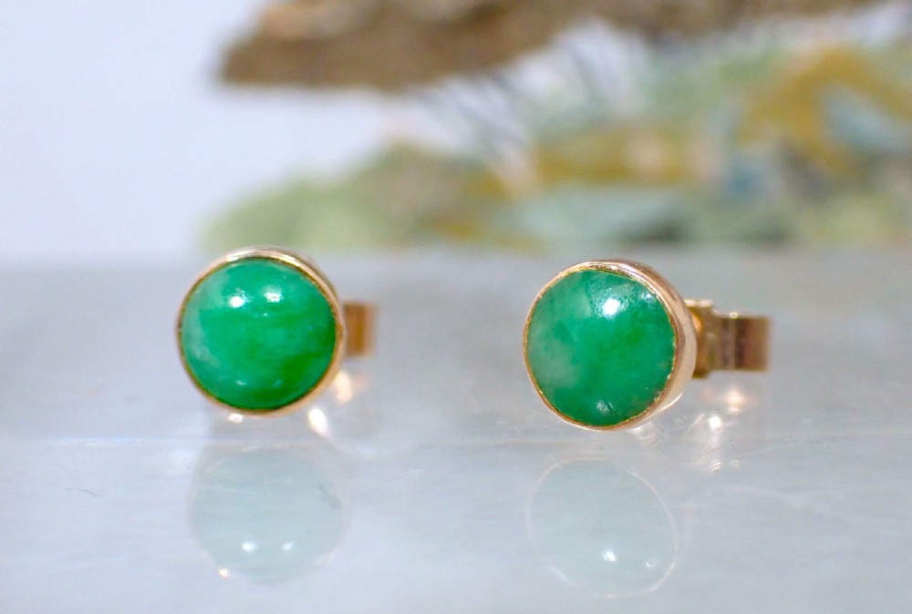 SOLD/Edwardian Natural Green Jadeite Jade 18ct gold stud earrings