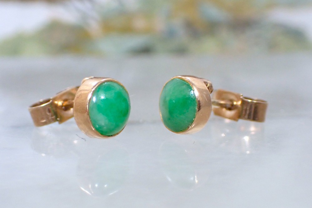 SOLD/Edwardian Natural Green Jadeite Jade 18ct gold stud earrings View II