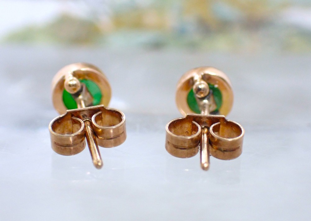 SOLD/Edwardian Natural Green Jadeite Jade 18ct gold stud earrings View III